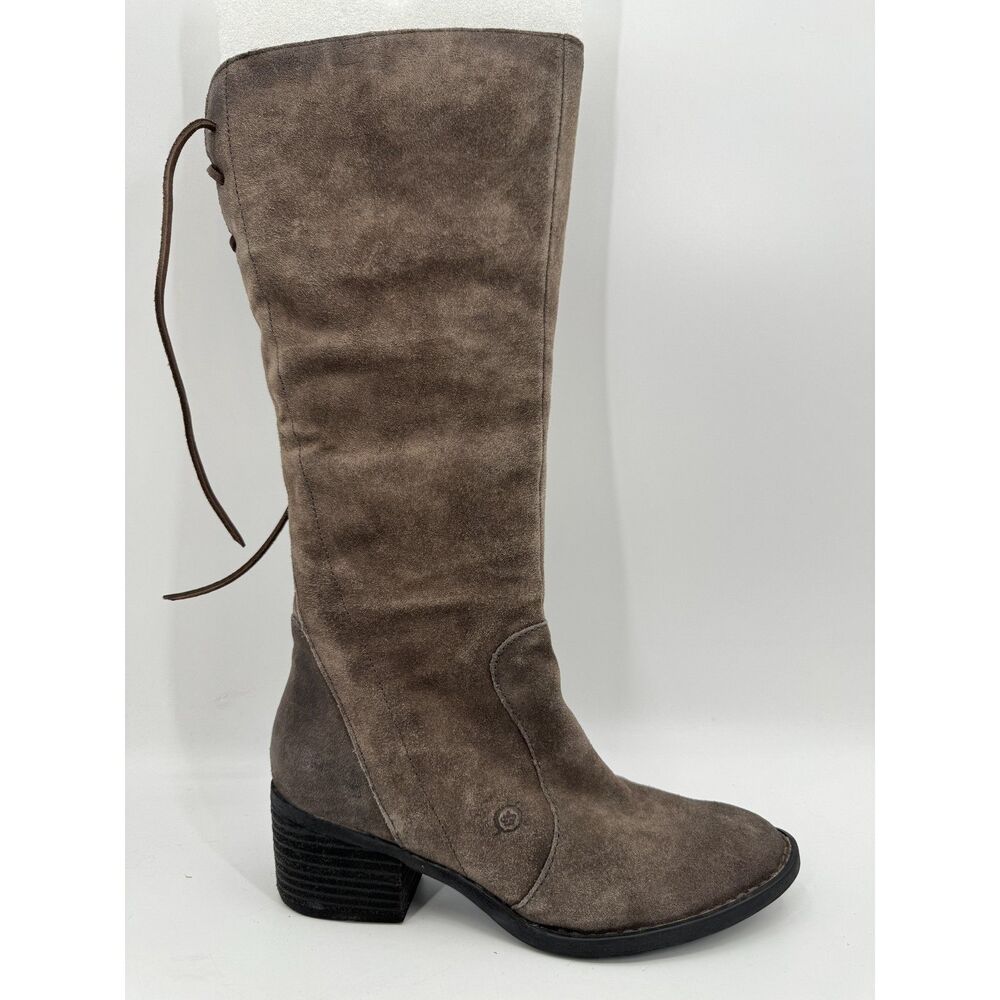 BORN Felicia Gray Brown Suede Lace Back Heeled Boots Size 8.5 - Picture 2 of 11
